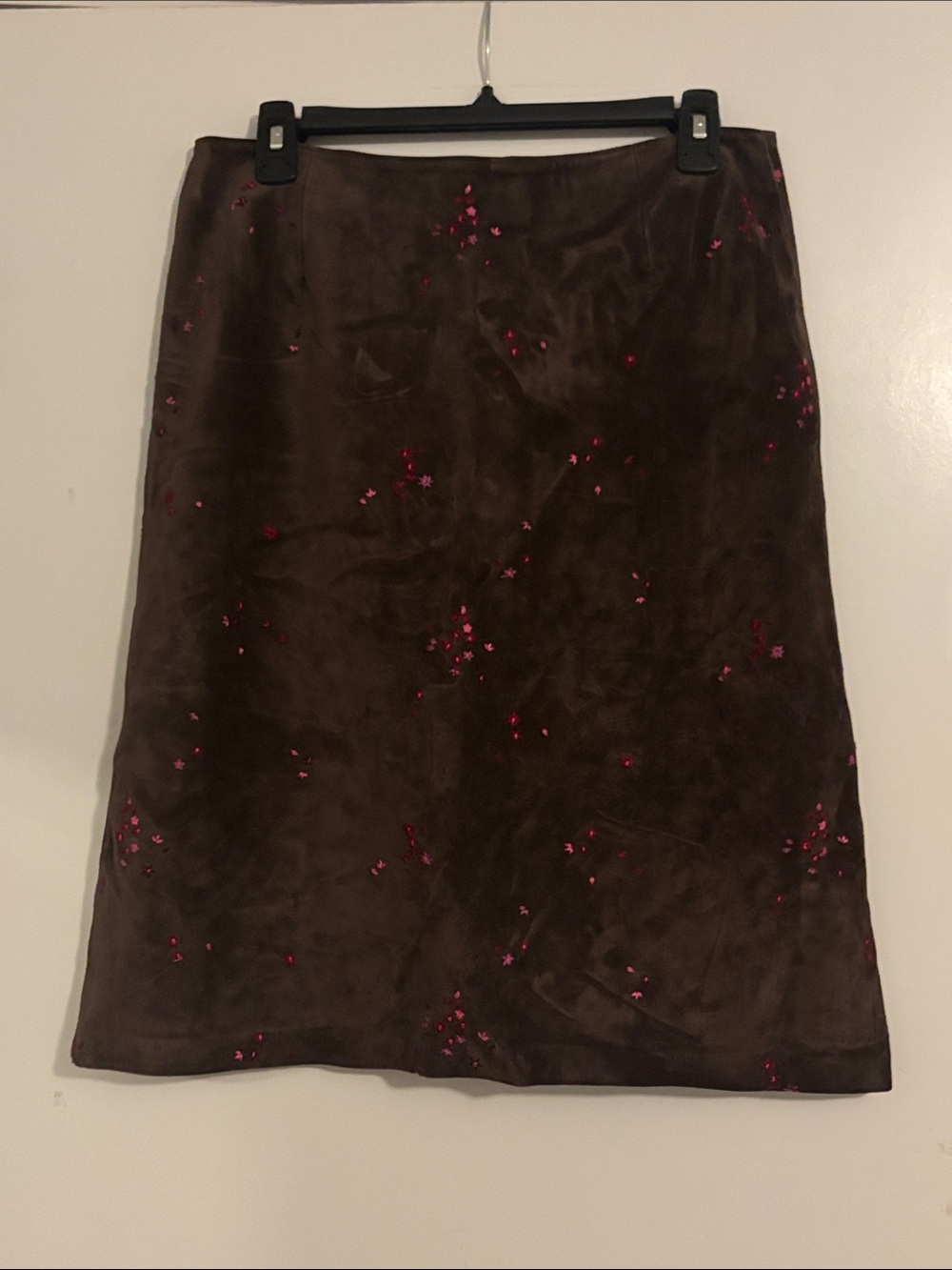 Ann Taylor Brown Suede A-Line Skirt with Pink Embroidered Flowers